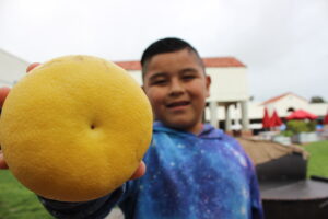 Student at THE Leadership Academy holding a grapefruit at a WaveCrest Cafe farmer's market