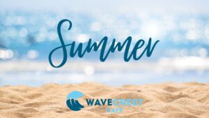 Beach and ocean and WaveCrest Cafe logo