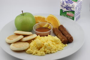 Scrambled Eggs, Sausage Link, and Pancake Bites